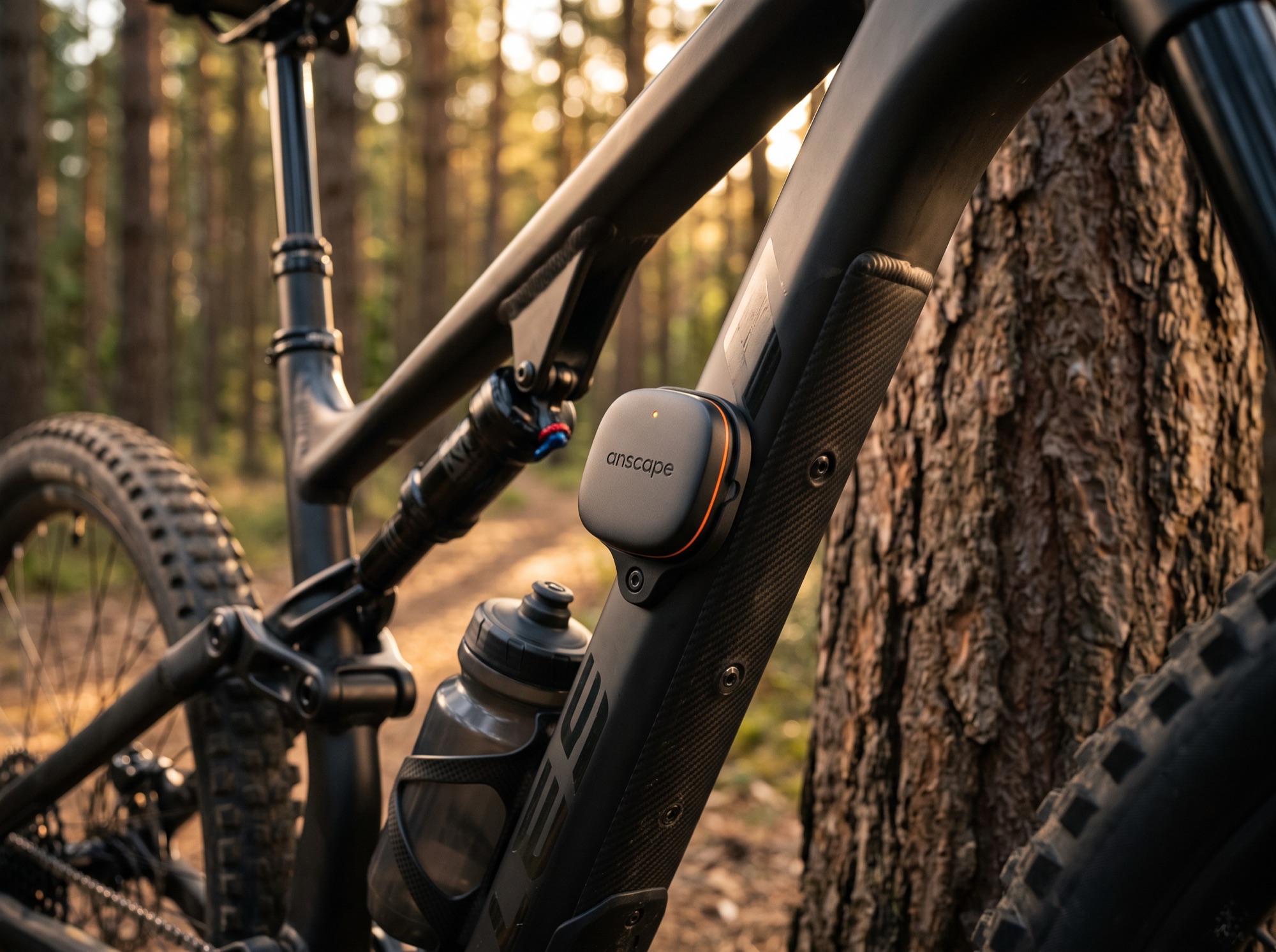Close-up of the anscape puck mounted on a mountain bike down tube above the bottle cage