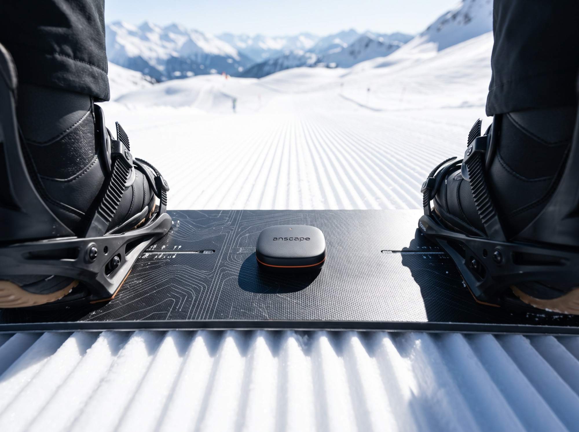 Rider's view looking down at a snowboard with the anscape puck mounted dead centre between the bindings